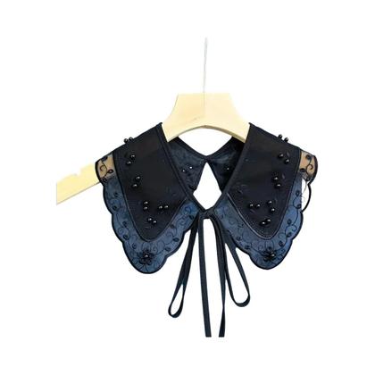 Imagem de Xale De Organza Preto E Branco Bordado Com Pérolas E Laço De Miçangas  Gola Decorativa Versátil